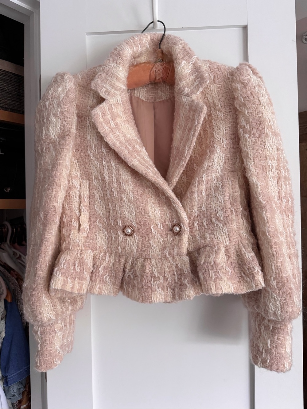 LoveShackFancy Braelynn Boucle Designer Crop Sweater Jacket Pearl Buttons